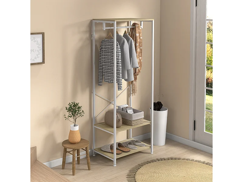 Penderie vestiaire d'entrée 2 étagères tringle acier blanc panneaux aspect bois clair