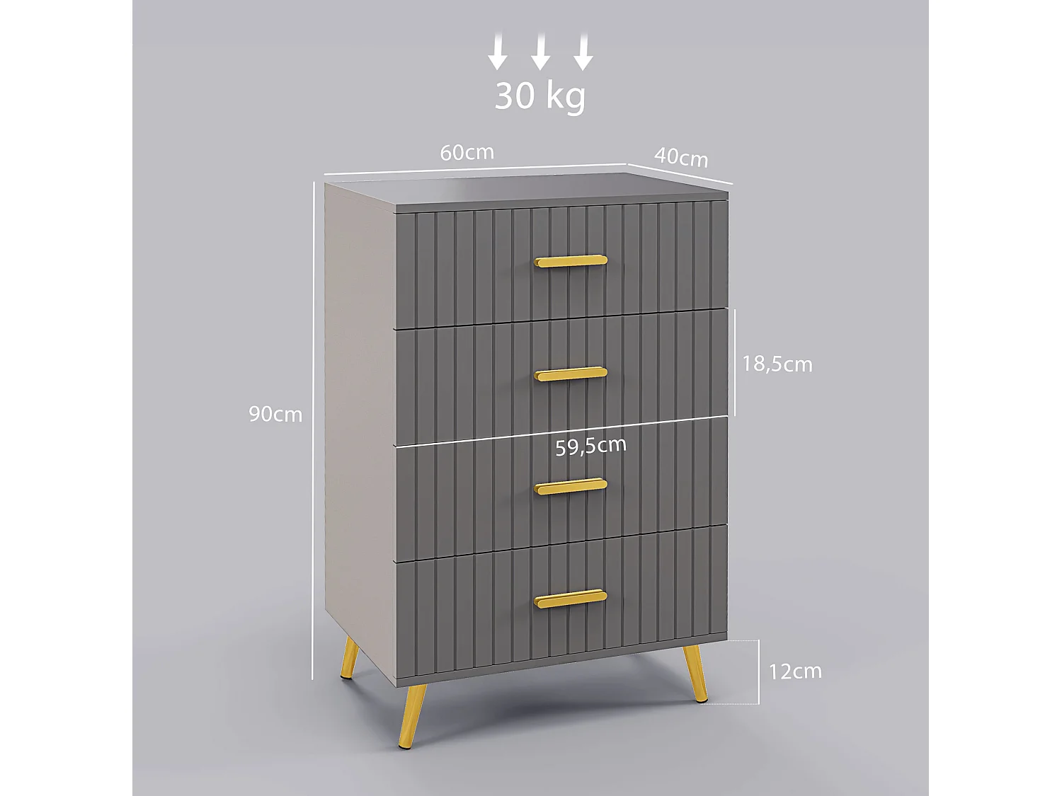 Commode 4 tiroirs style art déco - dim. 60L x 40l x 90H cm - alu. doré panneaux gris