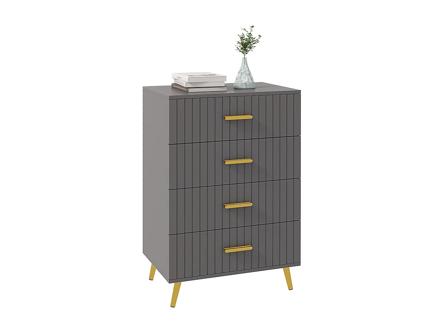 Commode 4 tiroirs style art déco - dim. 60L x 40l x 90H cm - alu. doré panneaux gris