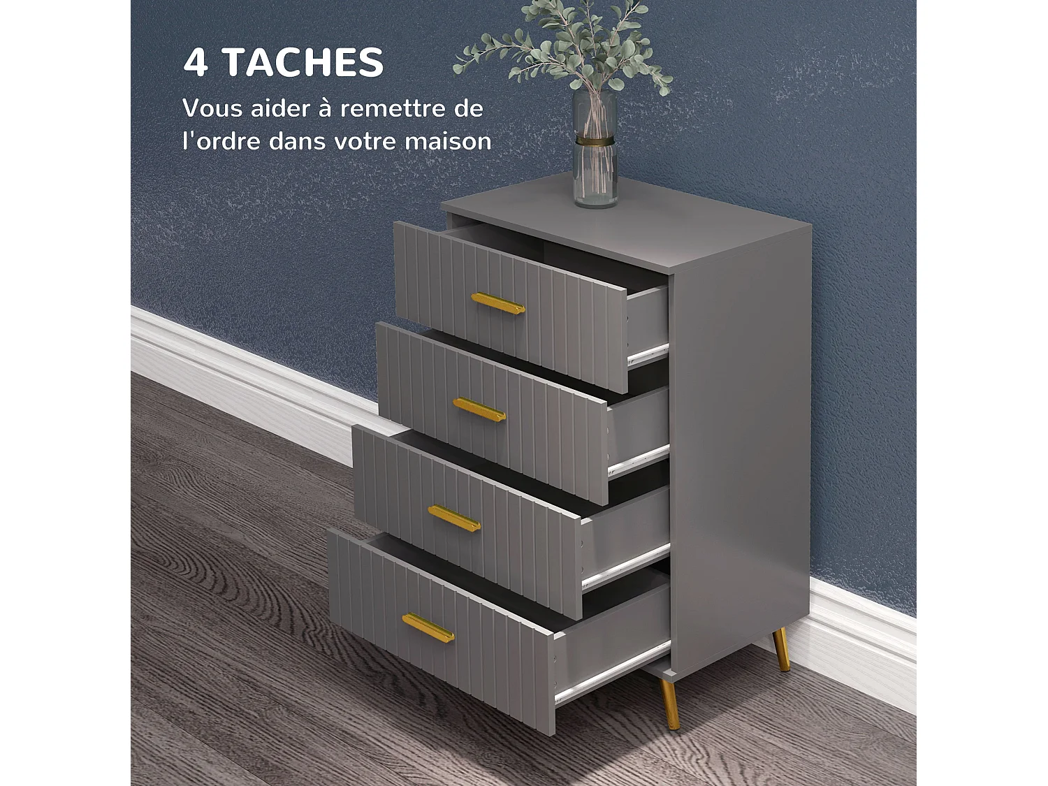 Commode 4 tiroirs style art déco - dim. 60L x 40l x 90H cm - alu. doré panneaux gris