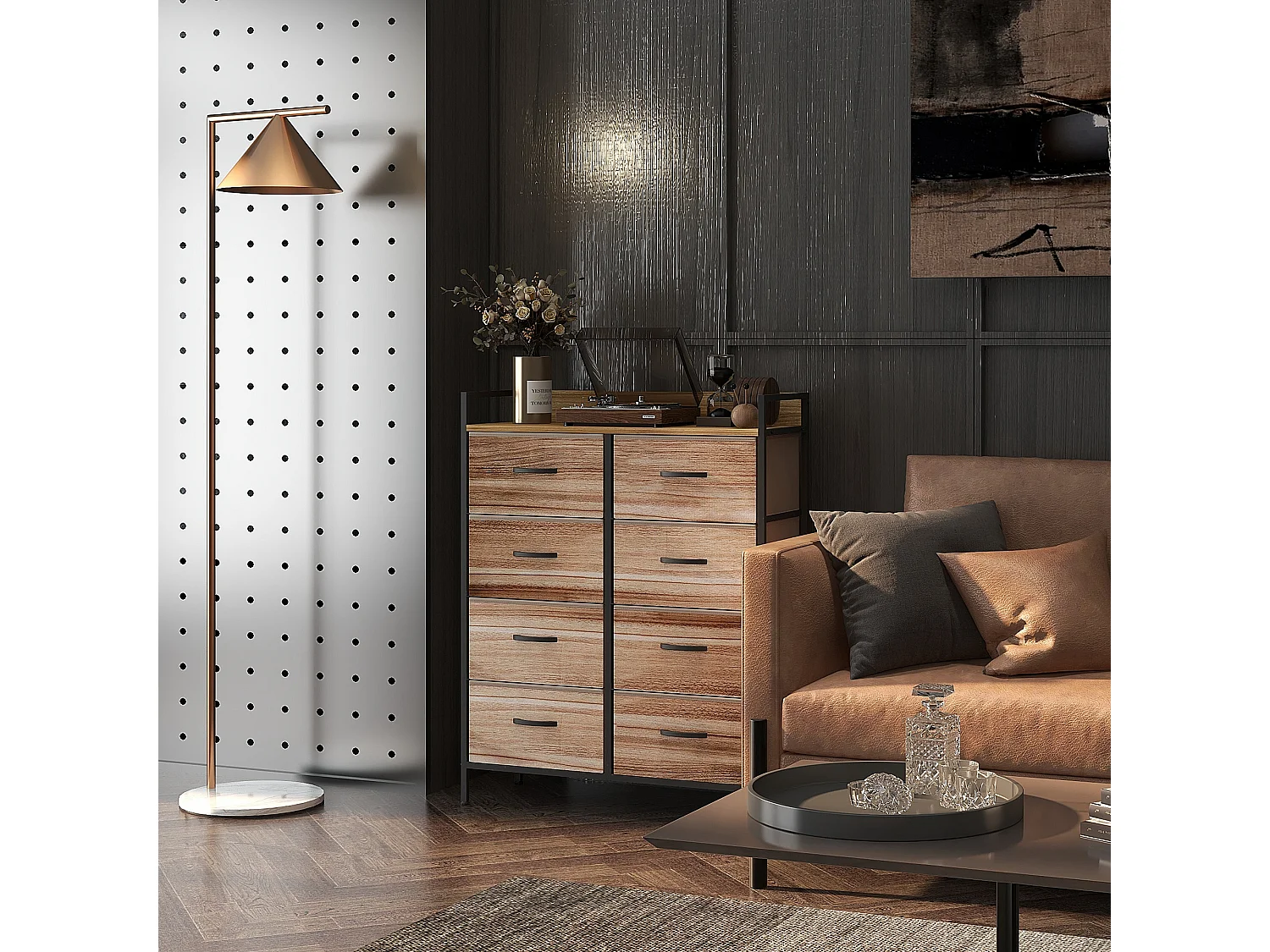 Commode 8 tiroirs et étagère - dim. 79L x 29l x 101H cm - châssis piètement métal noir tiroirs non tissés façades aspect bois