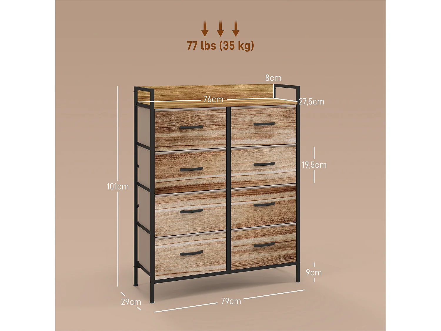 Commode 8 tiroirs et étagère - dim. 79L x 29l x 101H cm - châssis piètement métal noir tiroirs non tissés façades aspect bois