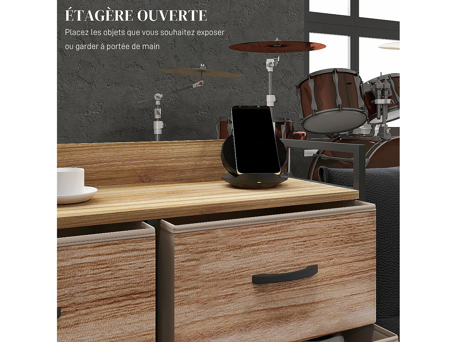 Commode 8 tiroirs et étagère - dim. 79L x 29l x 101H cm - châssis piètement métal noir tiroirs non tissés façades aspect bois