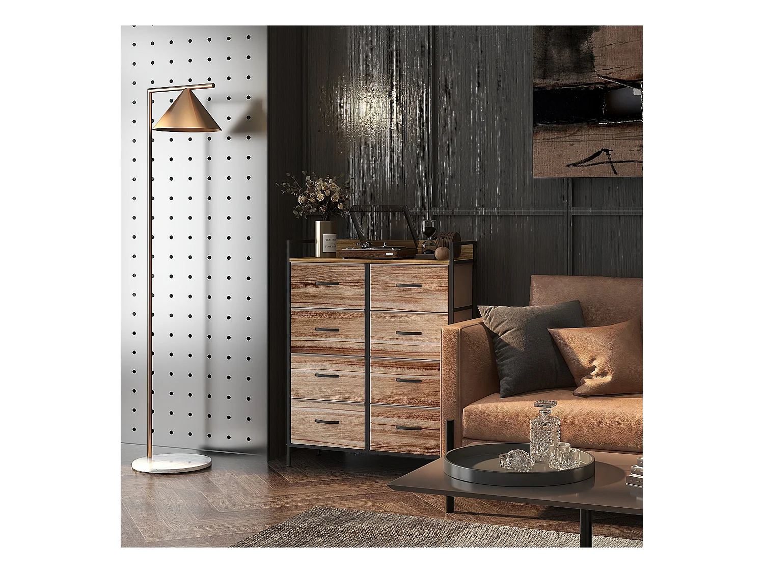 Commode 8 tiroirs et étagère - dim. 79L x 29l x 101H cm - châssis piètement métal noir tiroirs non tissés façades aspect bois