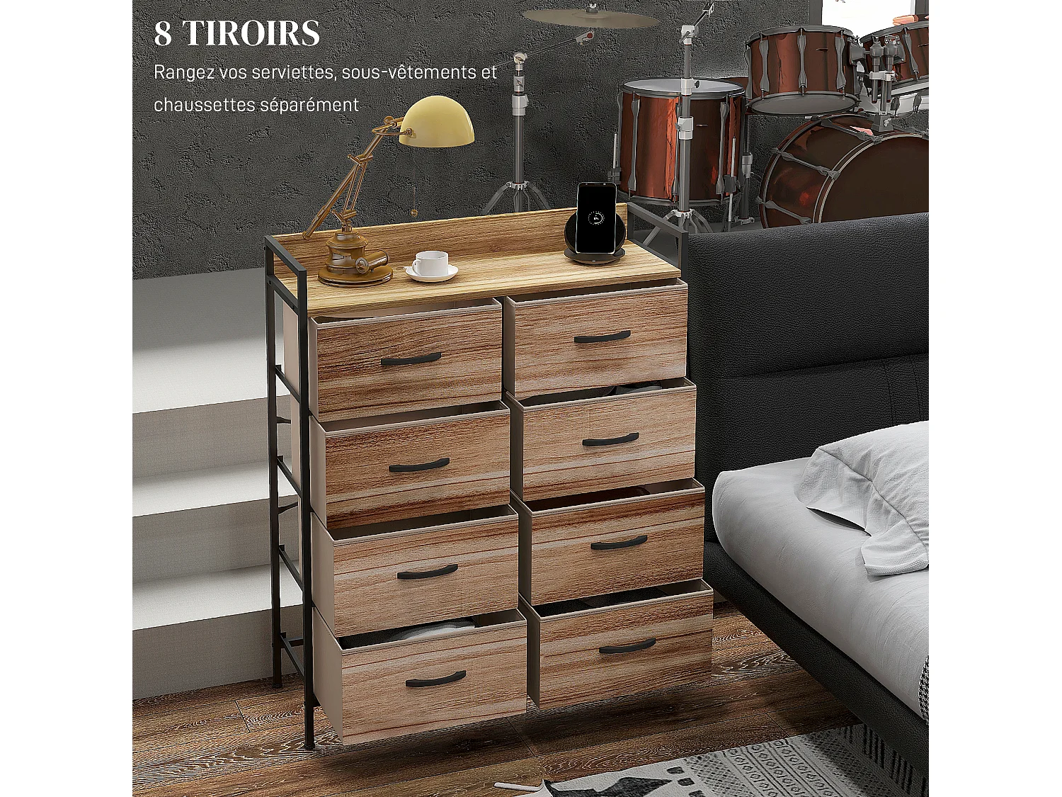 Commode 8 tiroirs et étagère - dim. 79L x 29l x 101H cm - châssis piètement métal noir tiroirs non tissés façades aspect bois