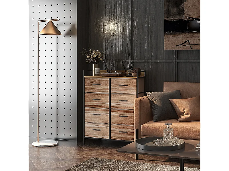 Commode 8 tiroirs et étagère - dim. 79L x 29l x 101H cm - châssis piètement métal noir tiroirs non tissés façades aspect bois