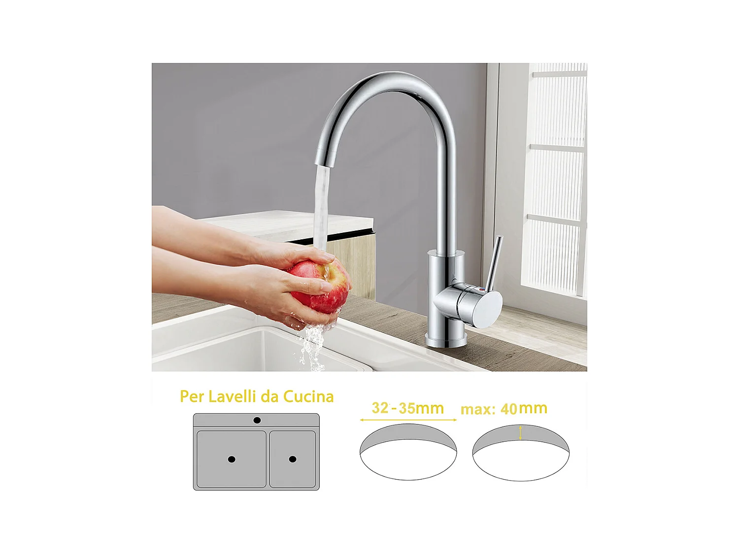 Rubinetto da cucina miscelatore monocomando con beccuccio alto girevole 360, cromato