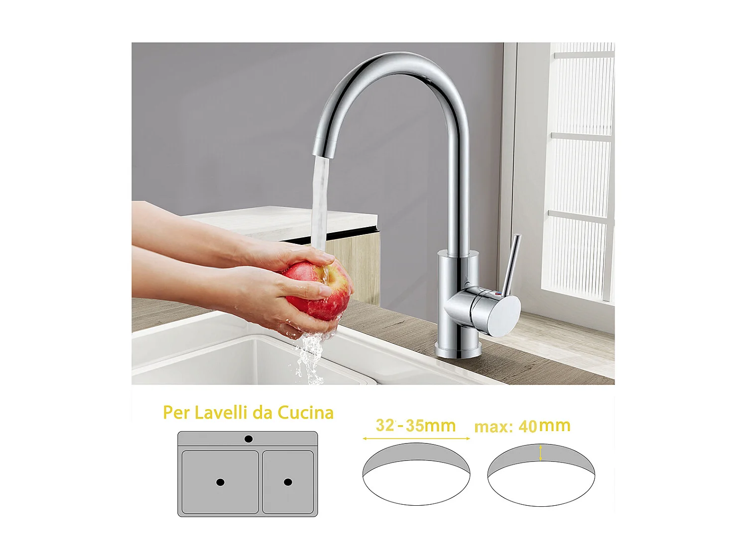 Rubinetto da cucina miscelatore monocomando con beccuccio alto girevole 360, cromato