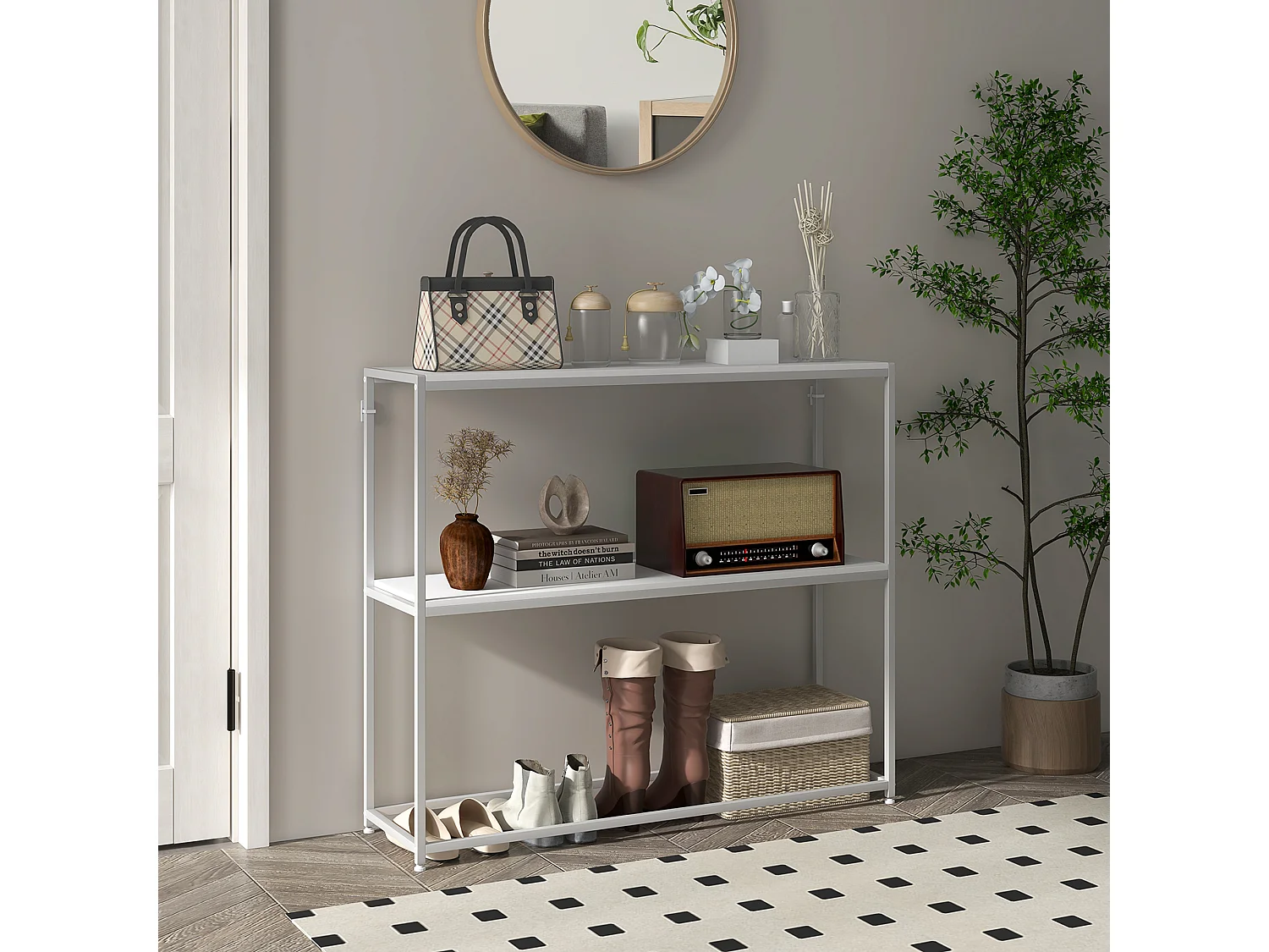 Table console plateau étagère dim. 100L x 30l x 87H cm acier panneaux blanc