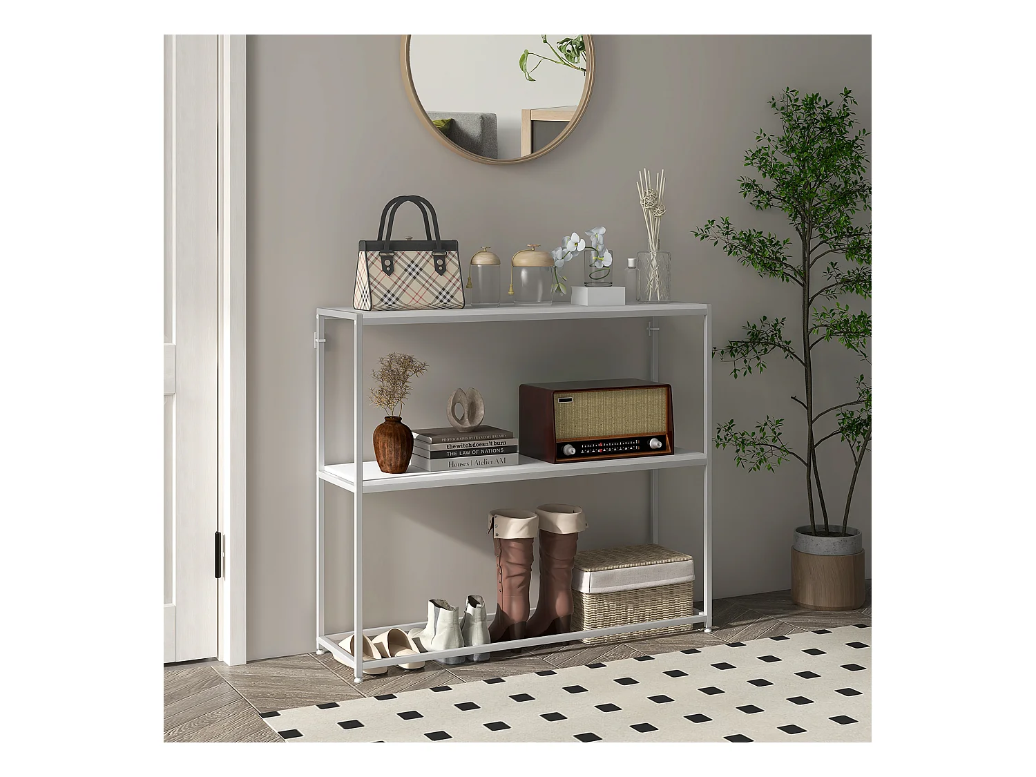 Table console plateau étagère dim. 100L x 30l x 87H cm acier panneaux blanc