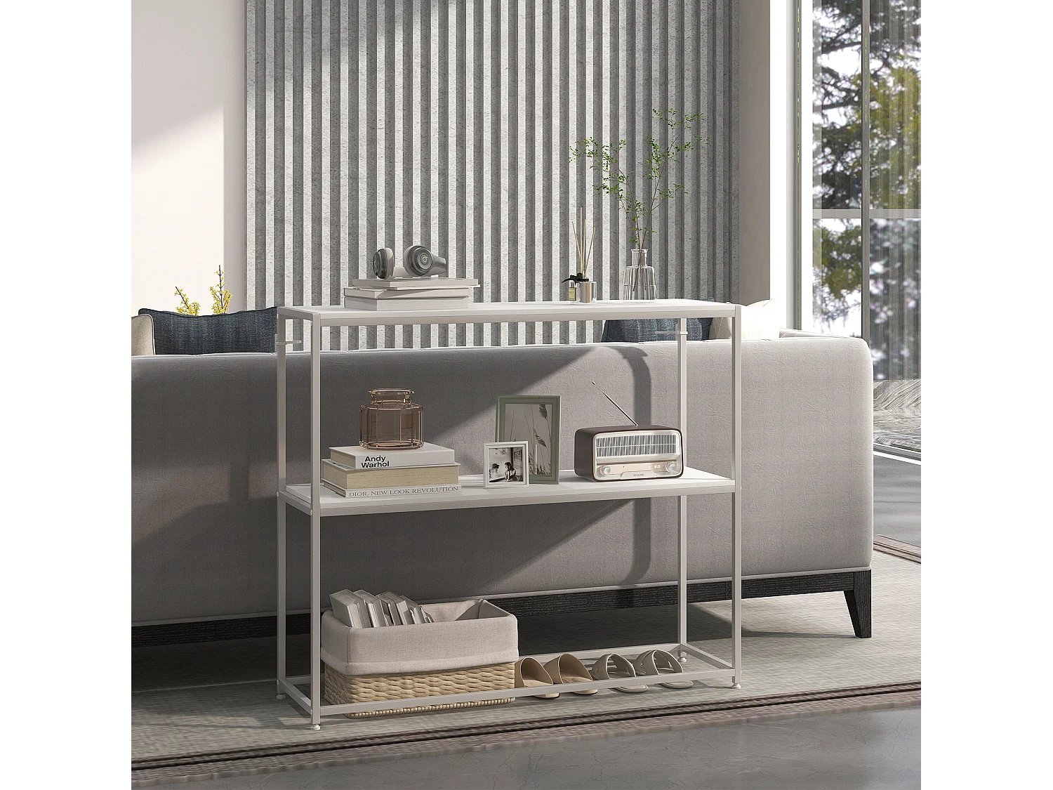 Table console plateau étagère dim. 100L x 30l x 87H cm acier panneaux blanc