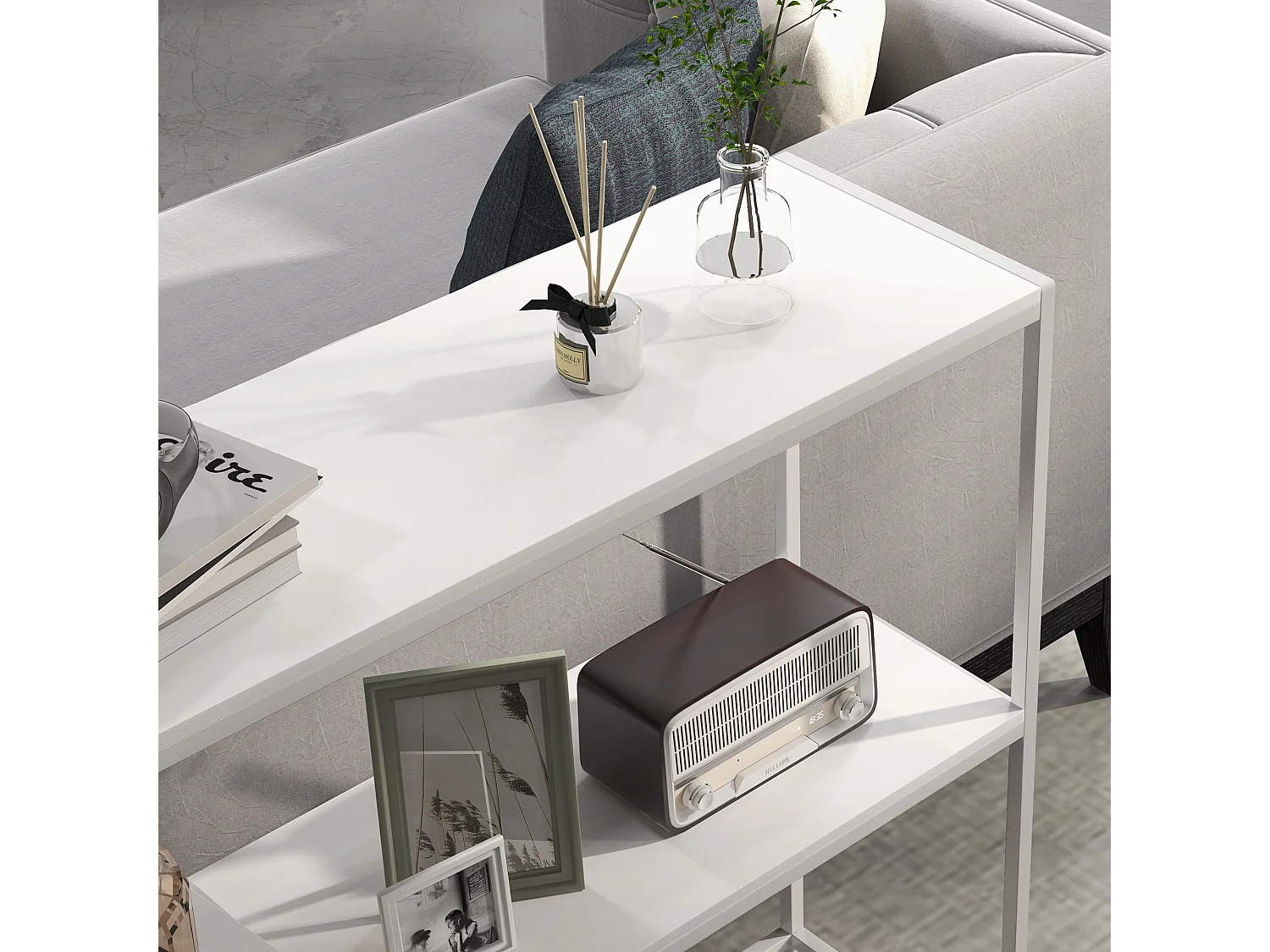 Table console plateau étagère dim. 100L x 30l x 87H cm acier panneaux blanc