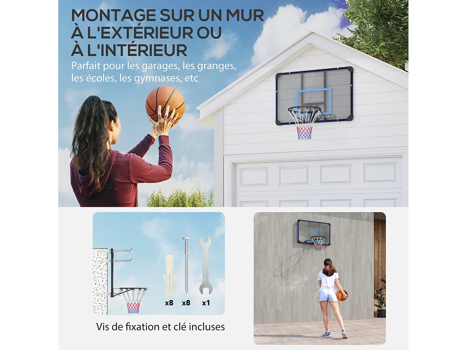 Panier de basket-ball mural - panneau de basket à accrocher - visserie incluse - acier PC bleu noir