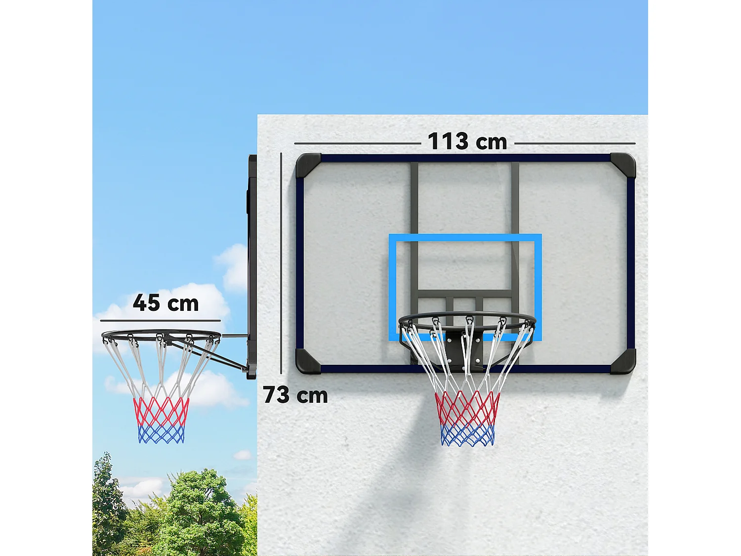 Panier de basket-ball mural - panneau de basket à accrocher - visserie incluse - acier PC bleu noir