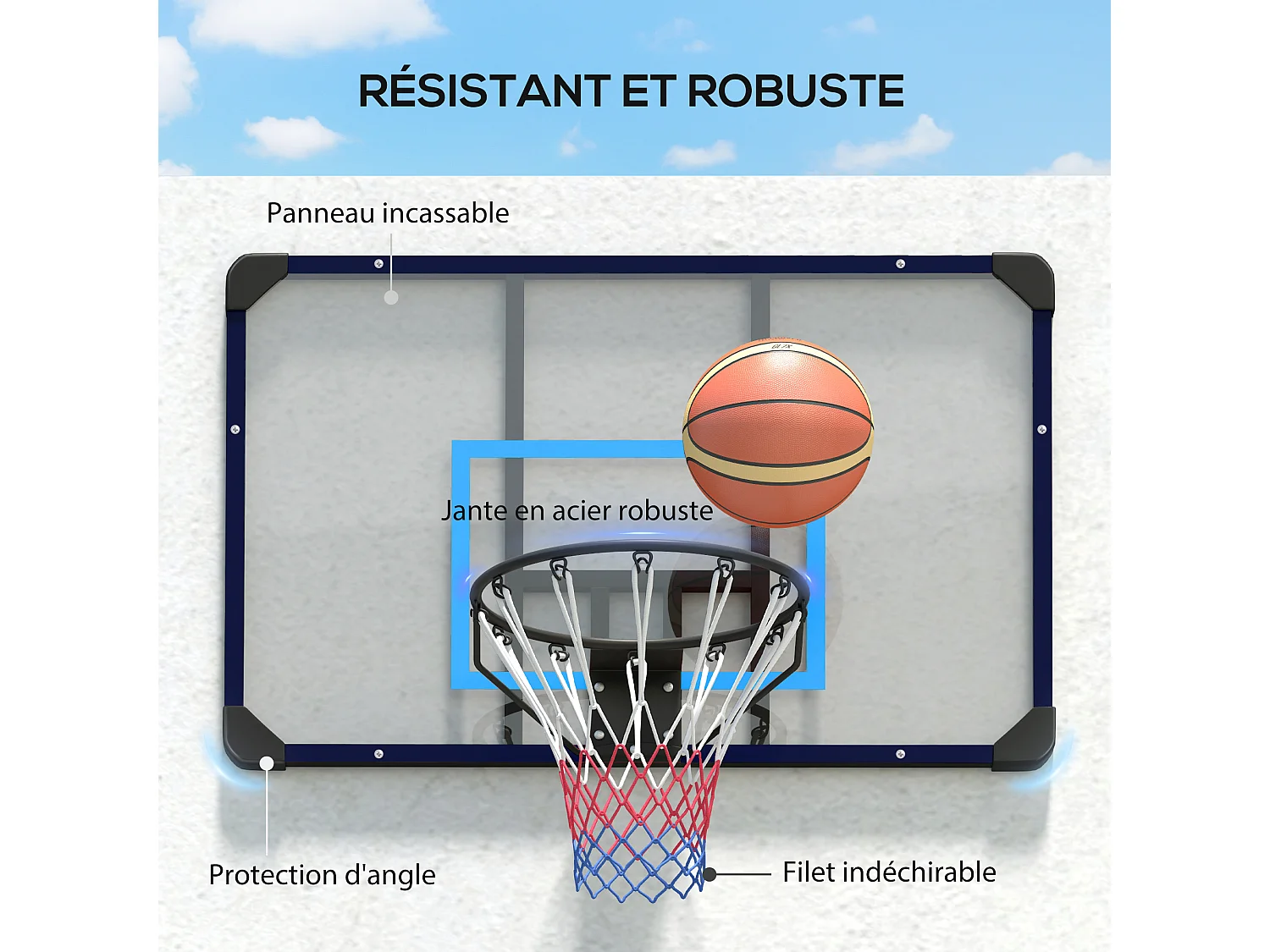 Panier de basket-ball mural - panneau de basket à accrocher - visserie incluse - acier PC bleu noir