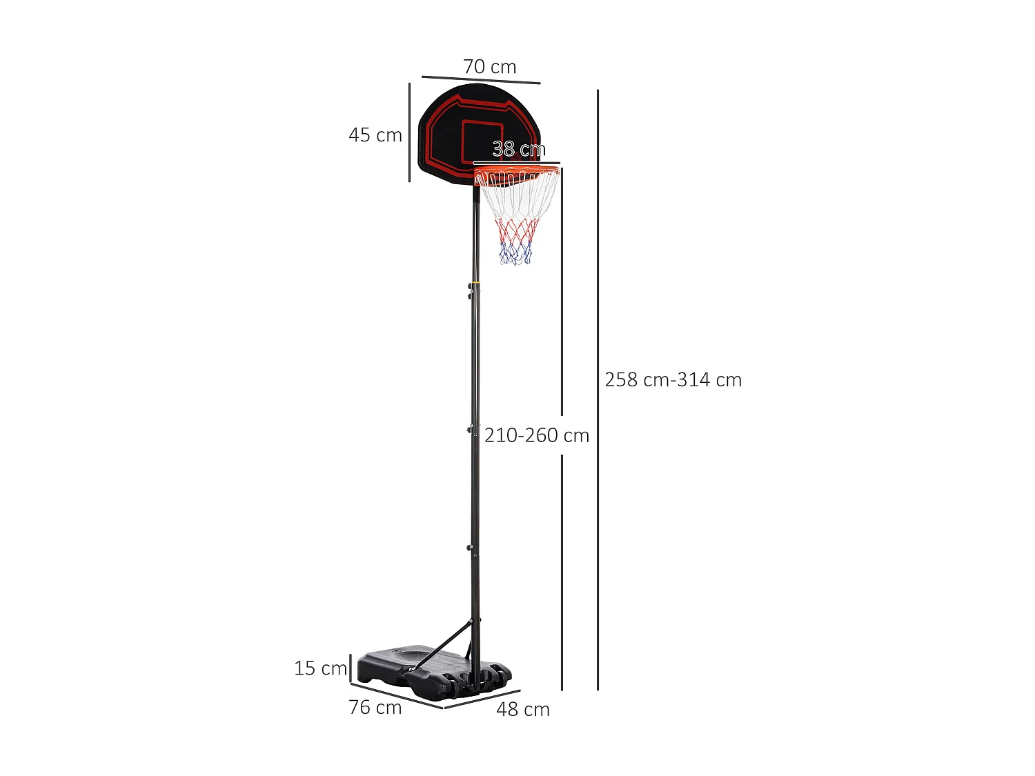 Panier de Basket-Ball sur pied avec poteau panneau - base de lestage sur roulettes - hauteur réglable 5 niveaux 2,45-2,95 m - acier HDPE noir rouge