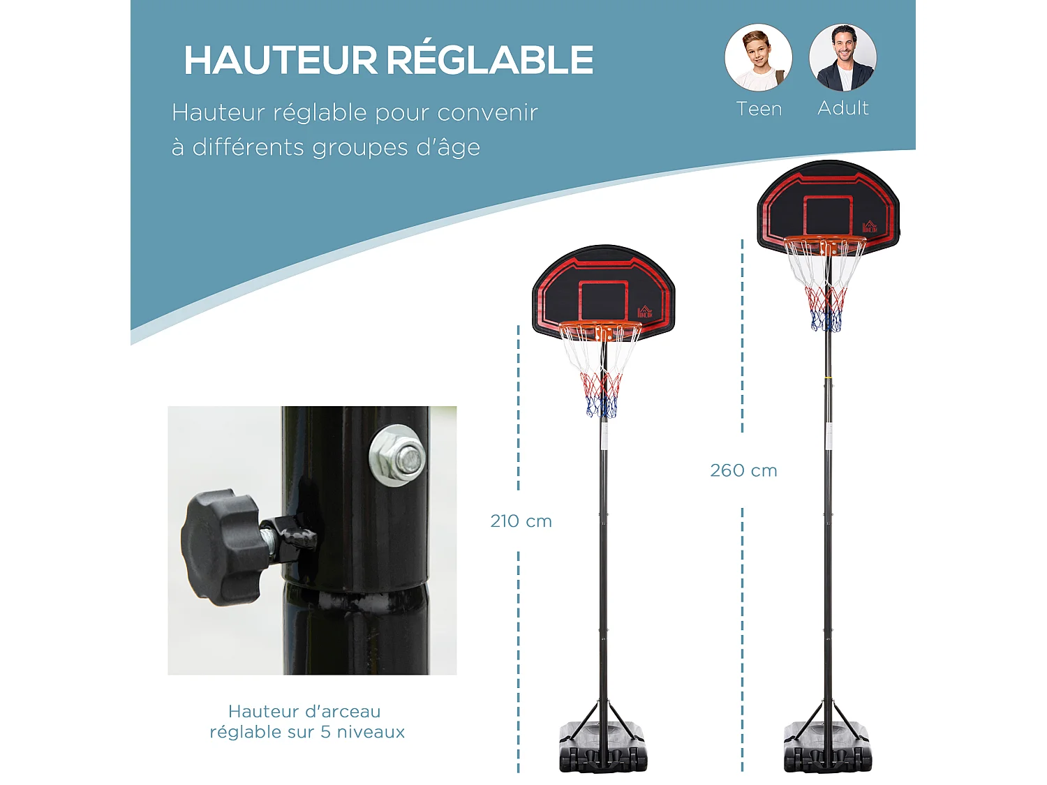 Panier de Basket-Ball sur pied avec poteau panneau - base de lestage sur roulettes - hauteur réglable 5 niveaux 2,45-2,95 m - acier HDPE noir rouge