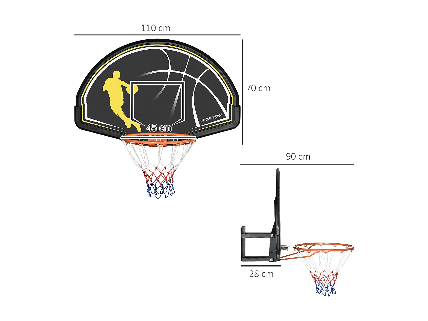 Panier de basket-ball mural avec ressort - panneau de basket à accrocher - visserie incluse - acier PE jaune noir
