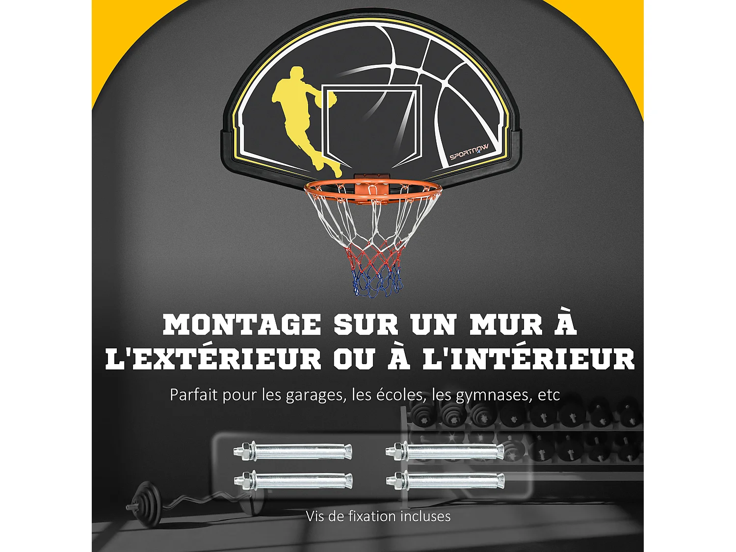 Panier de basket-ball mural avec ressort - panneau de basket à accrocher - visserie incluse - acier PE jaune noir