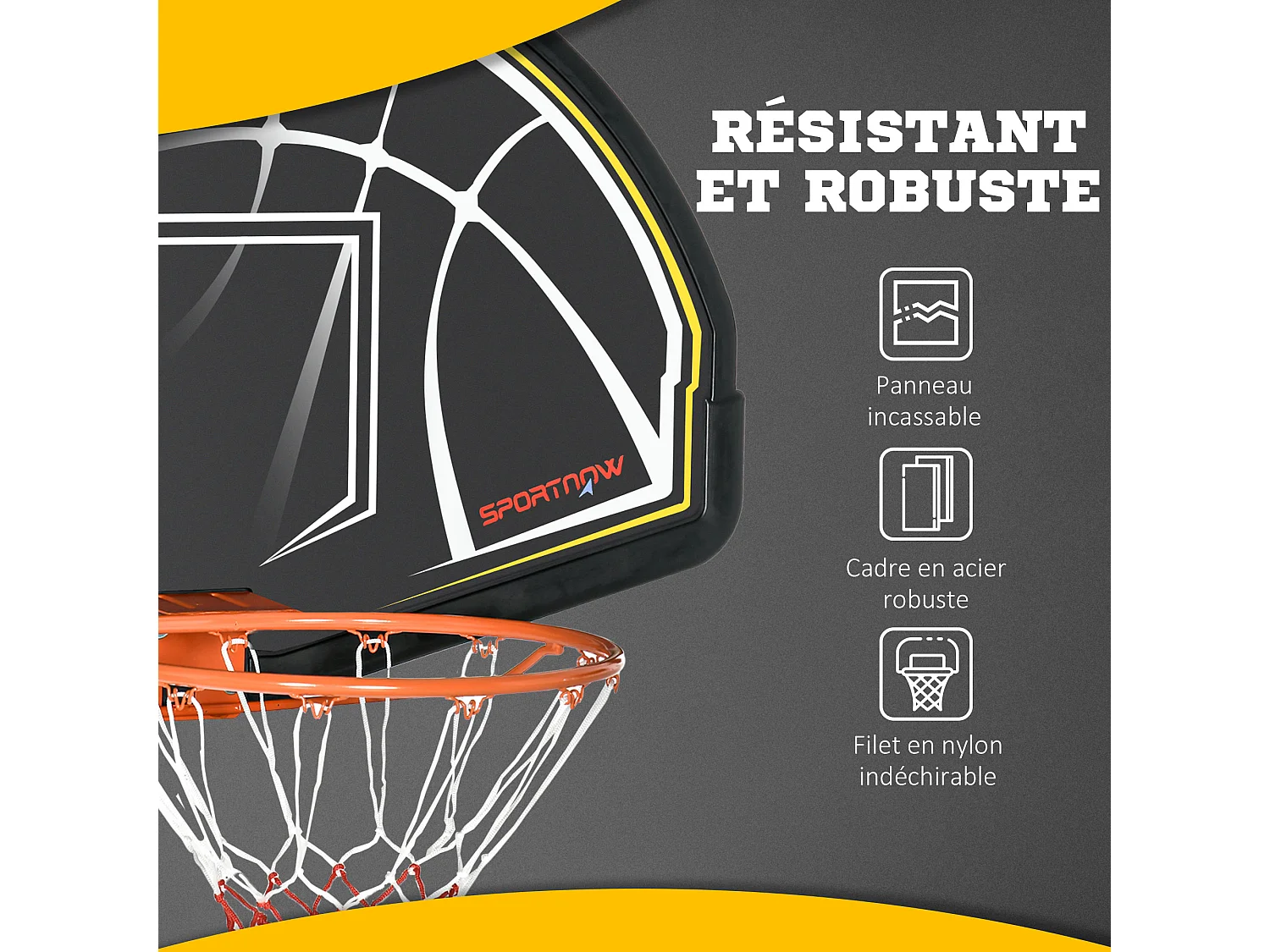 Panier de basket-ball mural avec ressort - panneau de basket à accrocher - visserie incluse - acier PE jaune noir