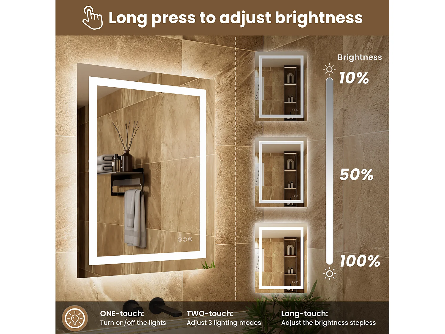 Miroir à capteur LED, Miroir de courtoisie à Induction,éclairage à intensité Variable, IP64, Vertical/Horizontal pour Salle Bain (80x60cm), Argent