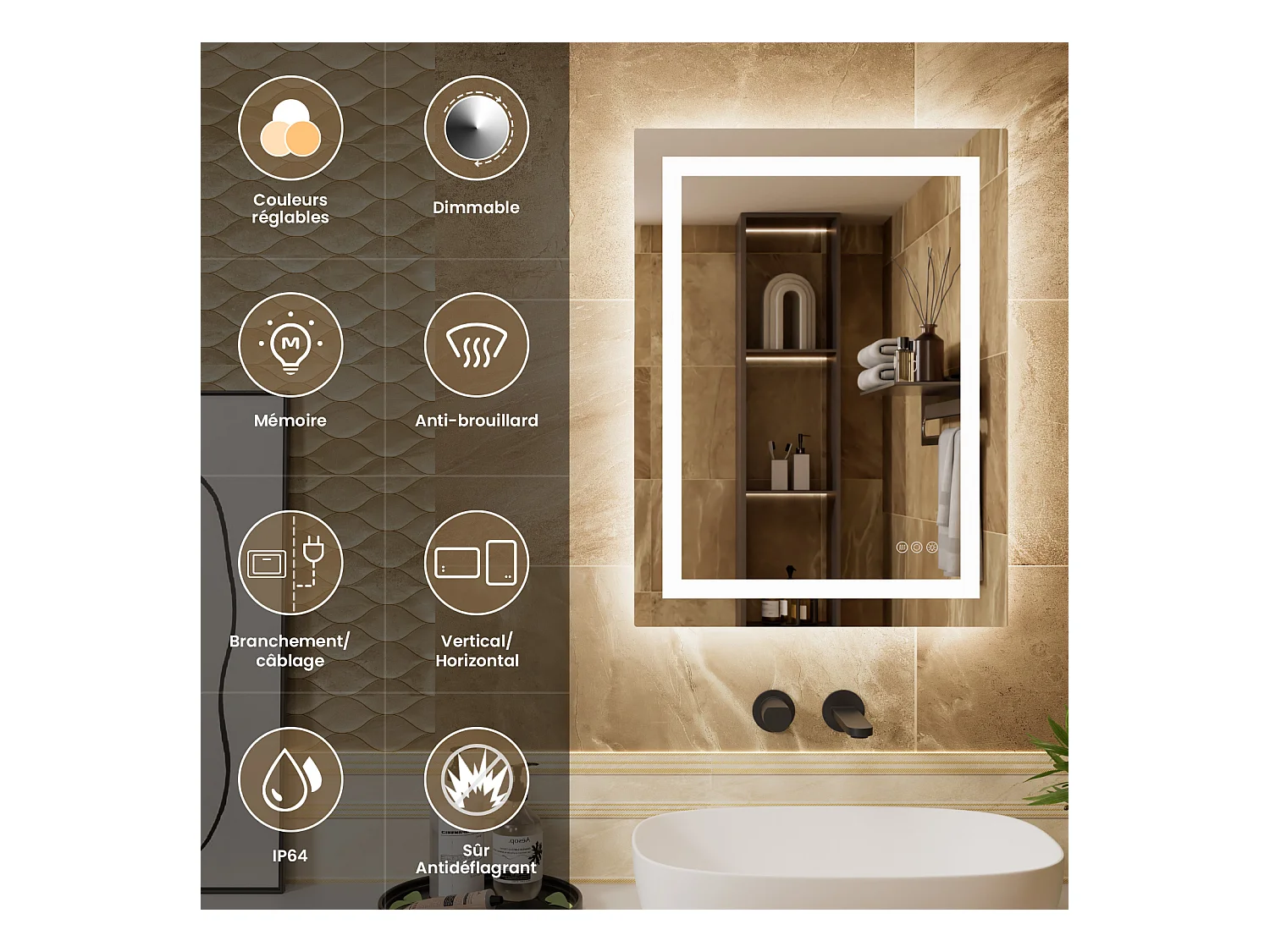 Miroir à capteur LED, Miroir de courtoisie à Induction,éclairage à intensité Variable, IP64, Vertical/Horizontal pour Salle Bain (80x60cm), Argent