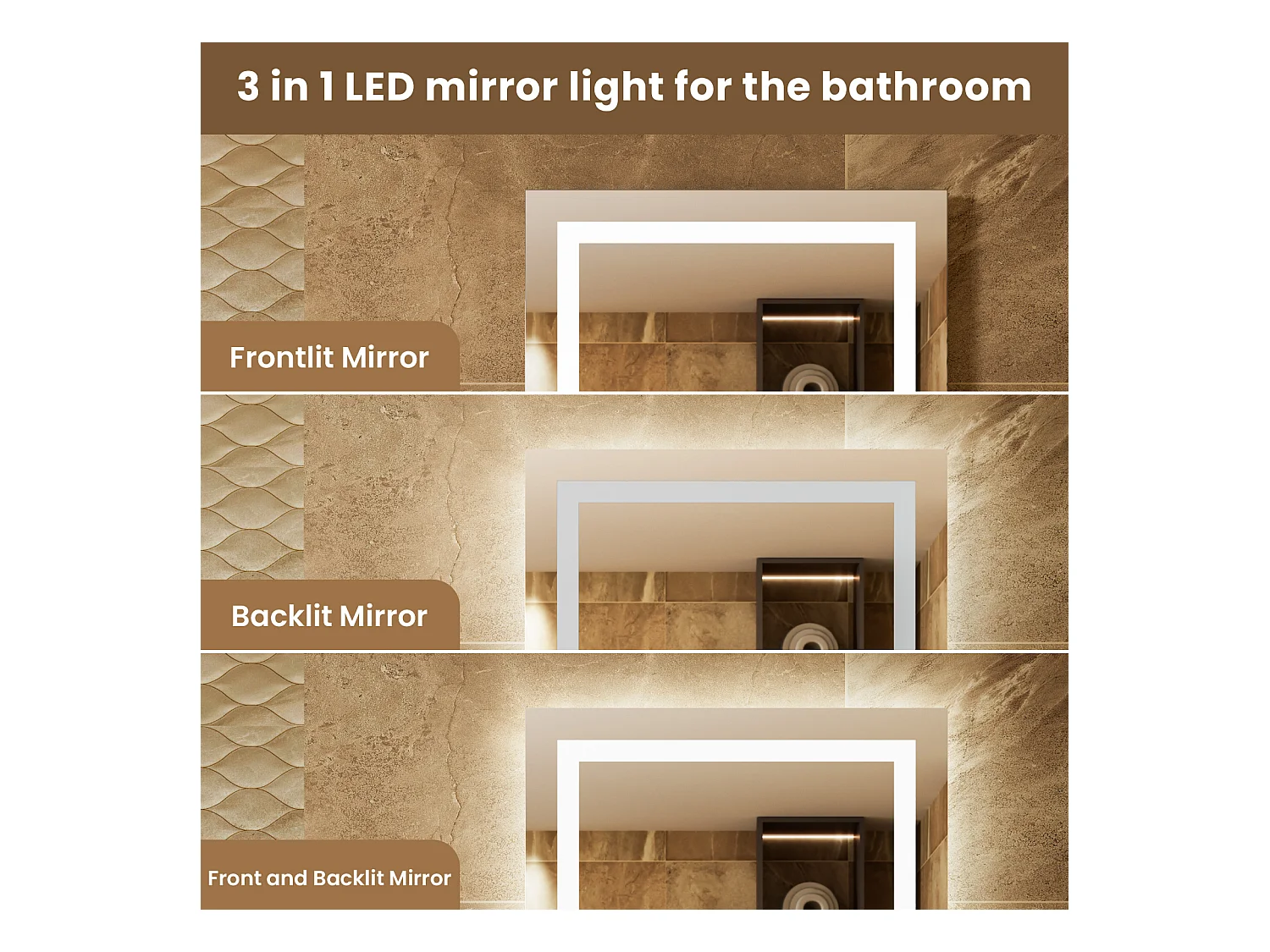 LED Sensorspiegel, Induktions-Kosmetikspiegel, dimmbare Beleuchtung, IP64, vertikal/horizontal für Badezimmer (80x60cm), Silber