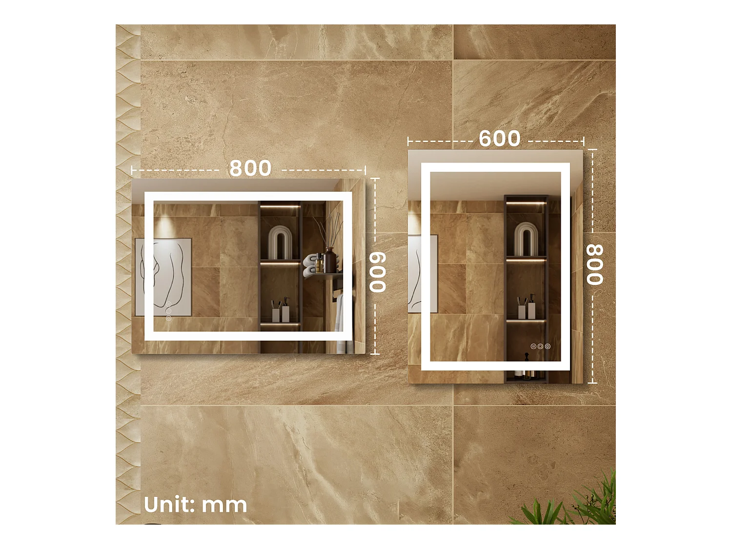 LED Sensorspiegel, Induktions-Kosmetikspiegel, dimmbare Beleuchtung, IP64, vertikal/horizontal für Badezimmer (80x60cm), Silber