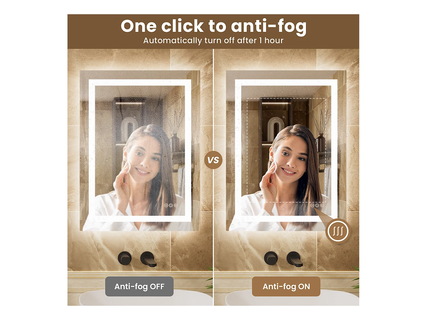 LED Sensorspiegel, Induktions-Kosmetikspiegel, dimmbare Beleuchtung, IP64, vertikal/horizontal für Badezimmer (80x60cm), Silber