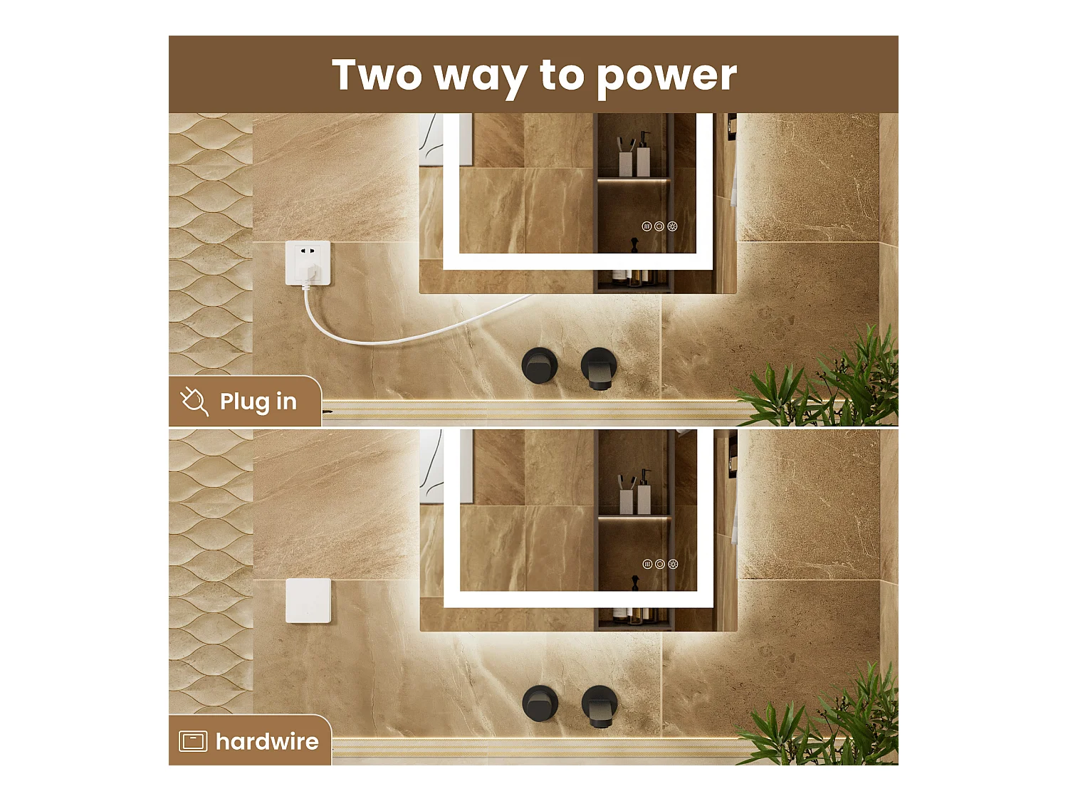 LED Sensorspiegel, Induktions-Kosmetikspiegel, dimmbare Beleuchtung, IP64, vertikal/horizontal für Badezimmer (80x60cm), Silber