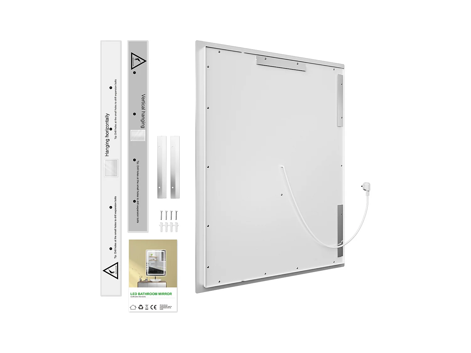 LED Sensorspiegel, Induktions-Kosmetikspiegel, dimmbare Beleuchtung, IP64, vertikal/horizontal für Badezimmer (80x60cm), Silber