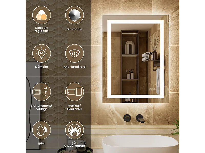 LED-sensorspiegel,Inductieve bijkeukenspiegel,Dimbare verlichting,IP64,Verticaal/Horizontaal voor Badkamer (80x60cm),Zilver