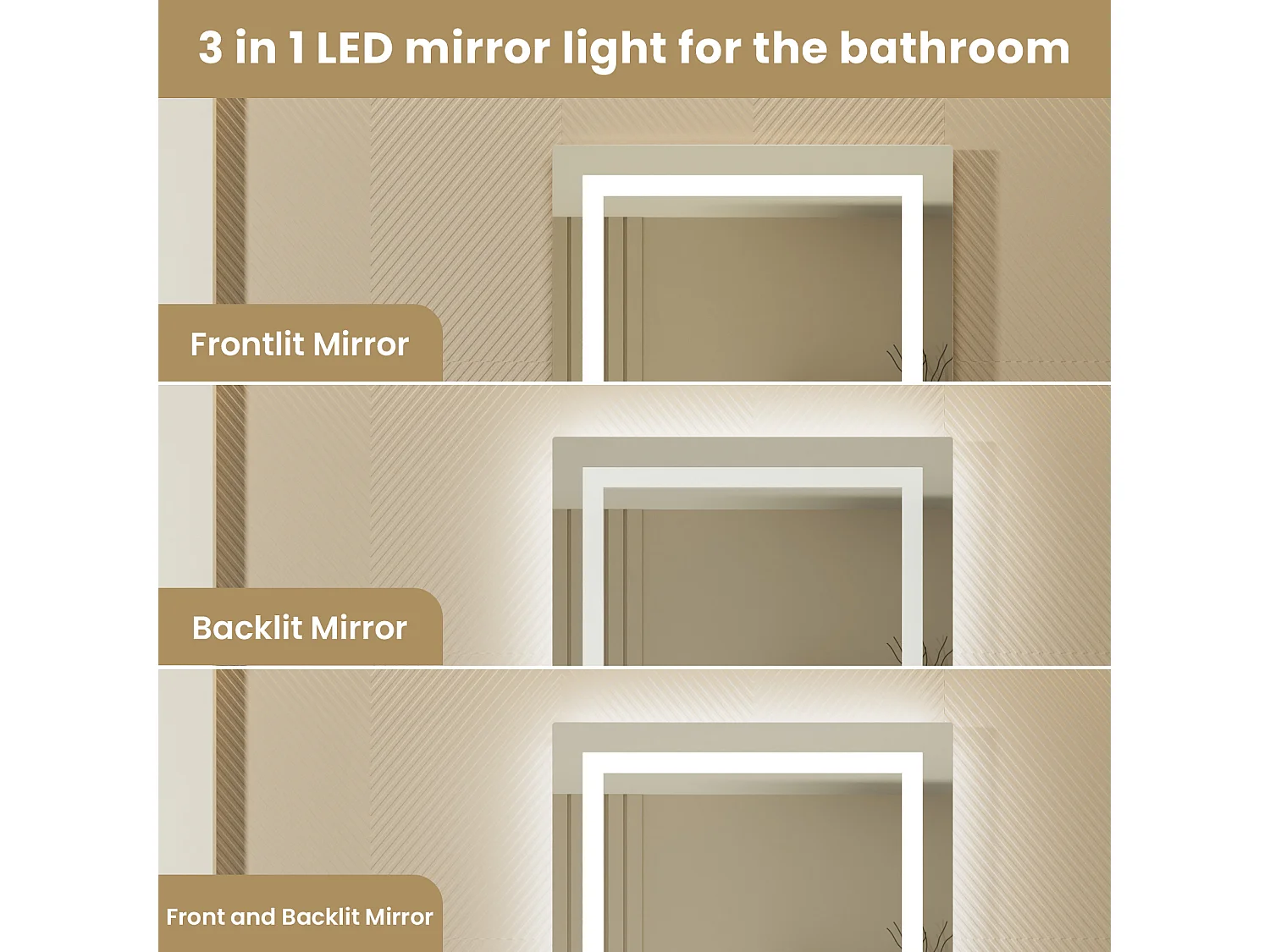 LED Verlichte SpiegelLoep+Driekleurig + Anti-condens 100x60cm Badkamer Dimbaar,Geheugen,Tactiel