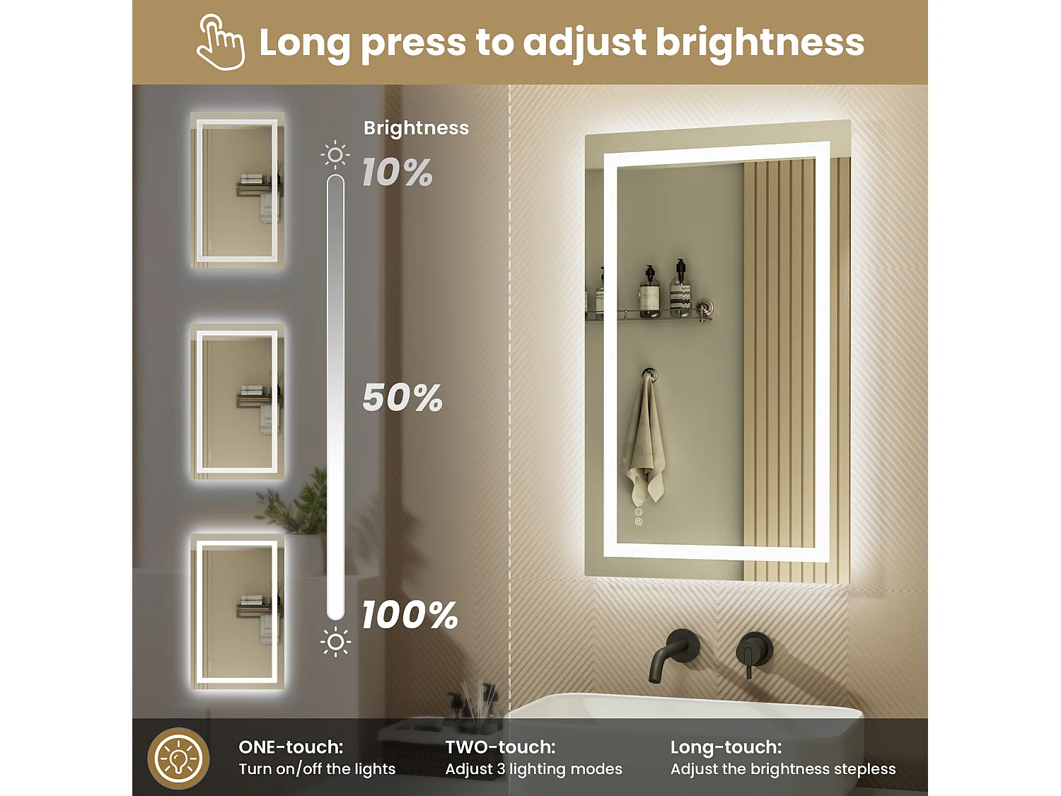 LED Verlichte SpiegelLoep+Driekleurig + Anti-condens 100x60cm Badkamer Dimbaar,Geheugen,Tactiel