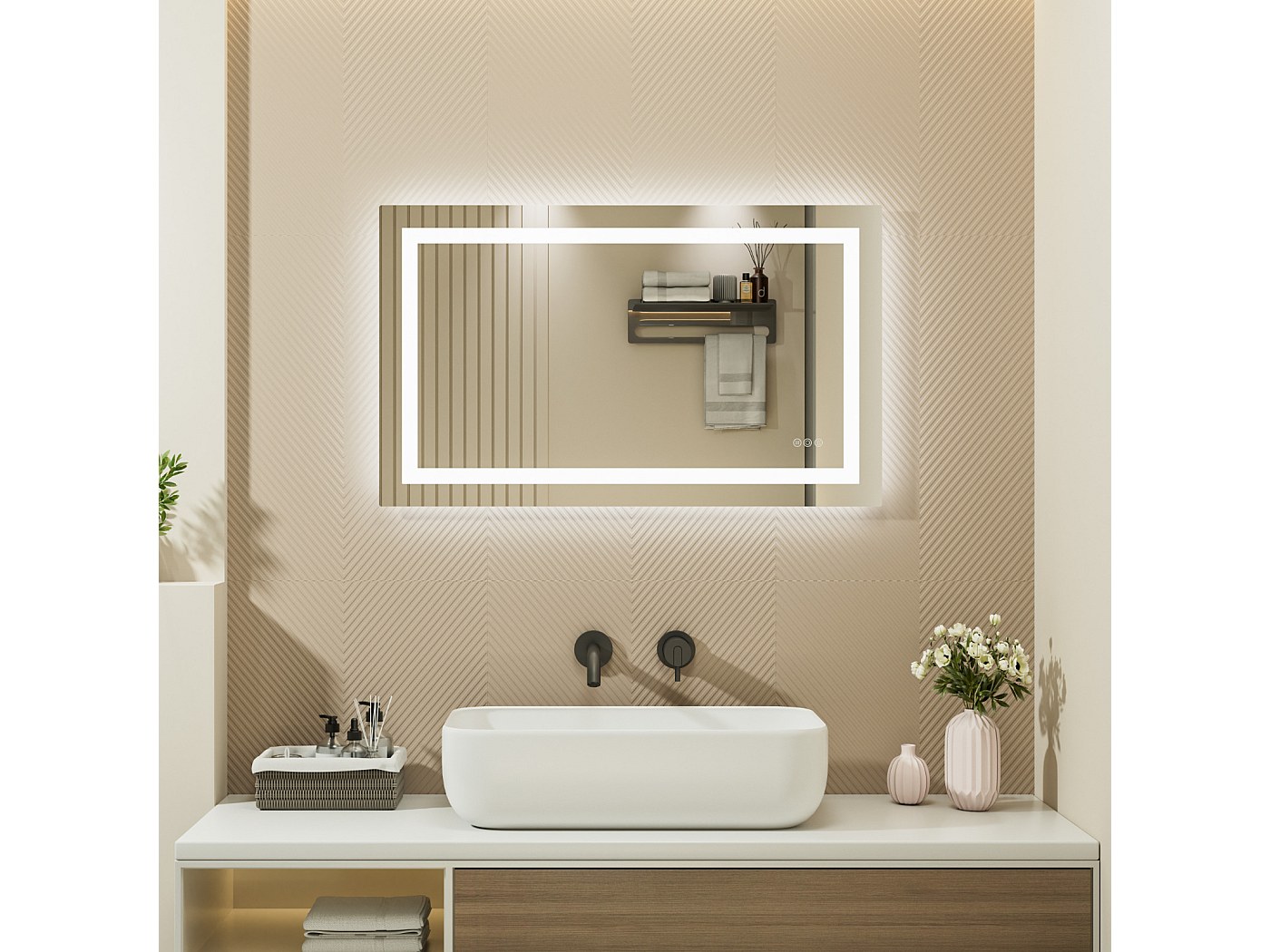 Miroir De Salle De Bain LED 100x60 Cm - écran Tactile, Horloge, Loupe, Antibuée, Réglage Température Couleur