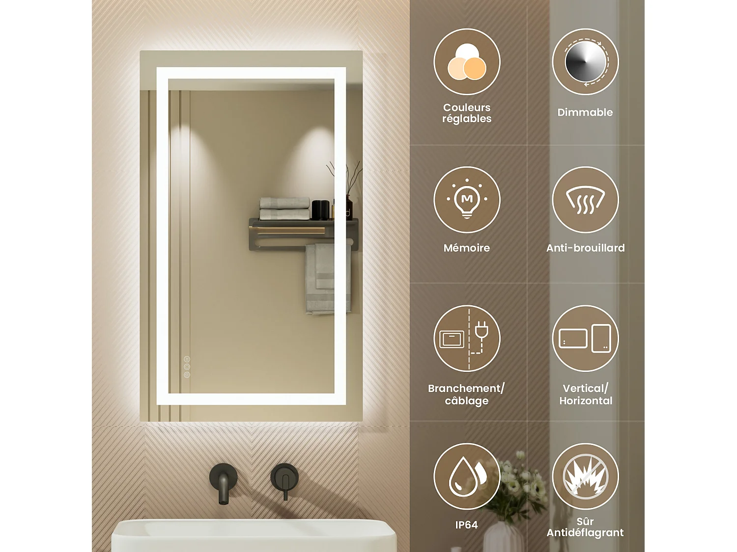 LED Miroir Lumineux Loupe+Tricolore + Anti-buée 100x60cm Salle de Bain Dimmable,Mémoire,Tactile