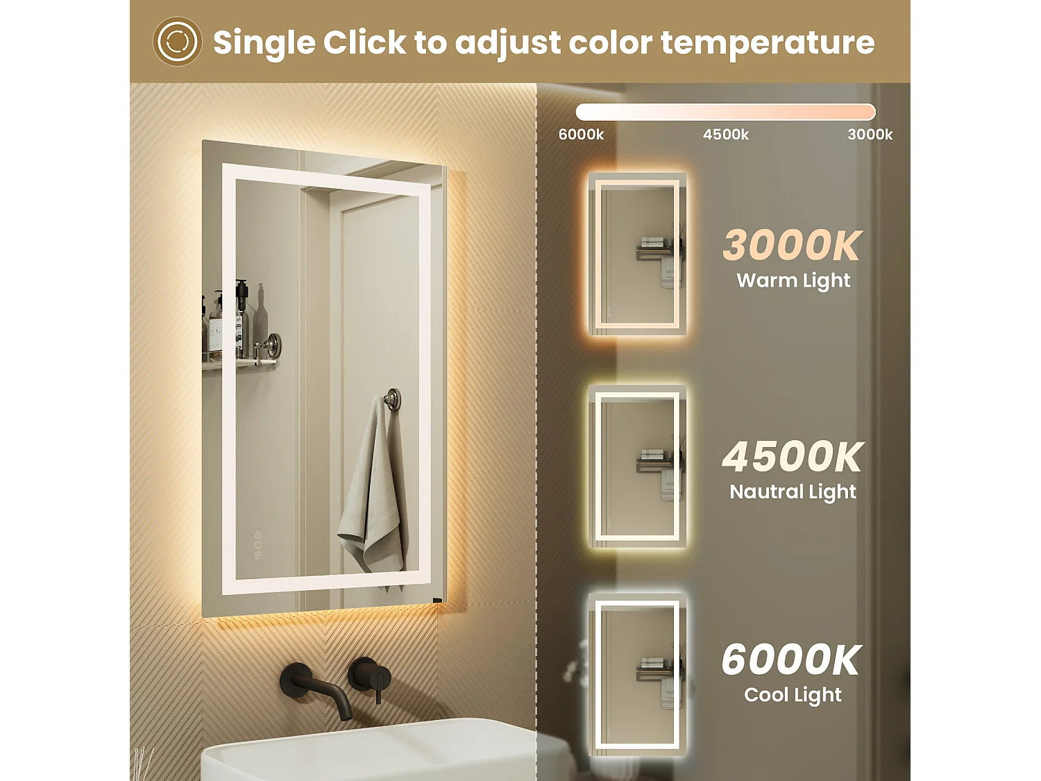 LED Miroir Lumineux Loupe+Tricolore + Anti-buée 100x60cm Salle de Bain Dimmable,Mémoire,Tactile