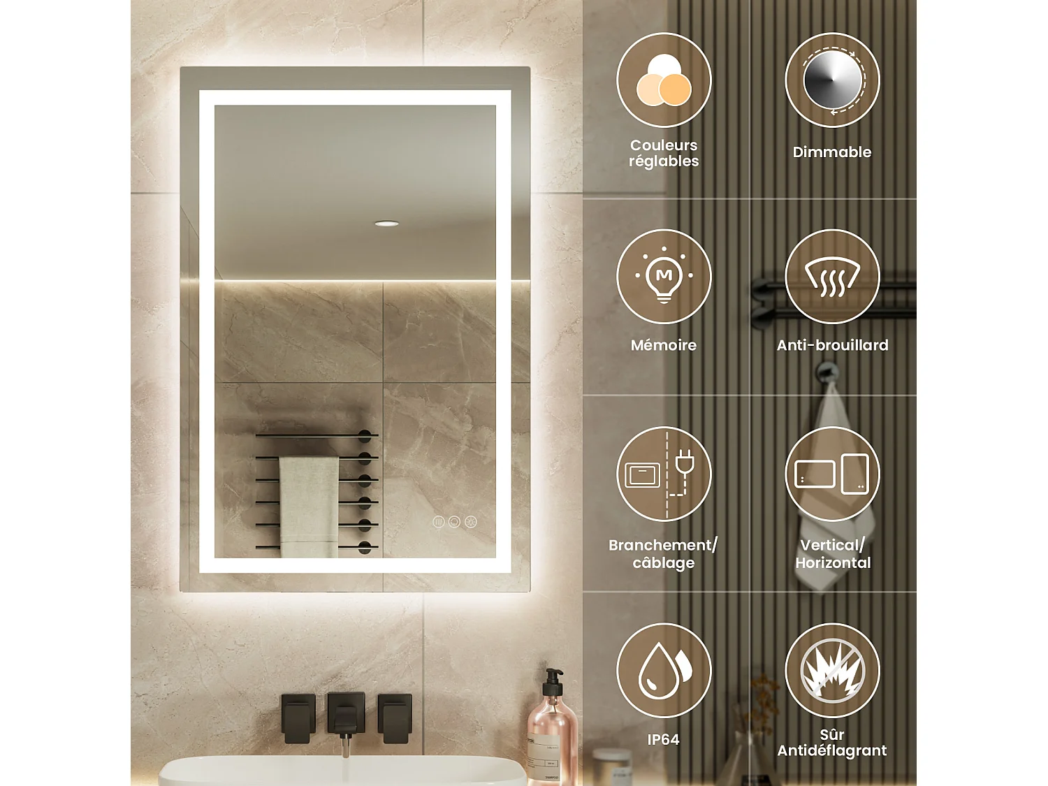 Espejo Iluminado LED Lupa + Tricolor + Antivaho 90x60cm Baño Regulable, Memoria, Táctil