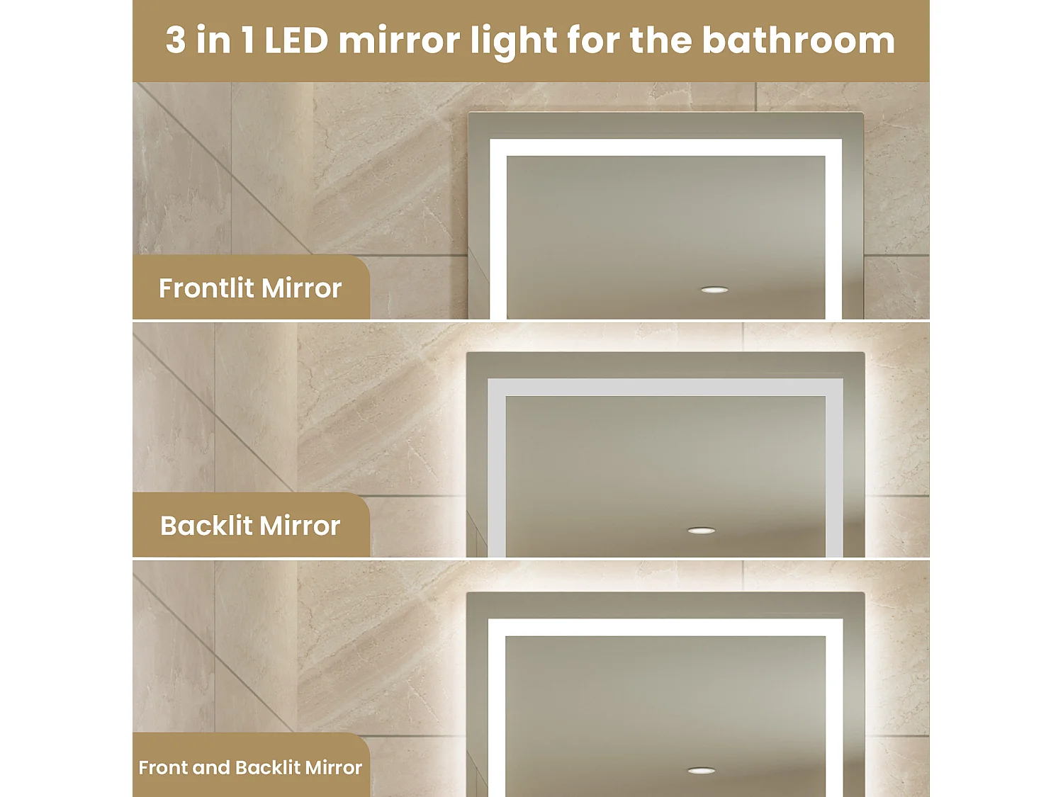 Espejo Iluminado LED Lupa + Tricolor + Antivaho 90x60cm Baño Regulable, Memoria, Táctil