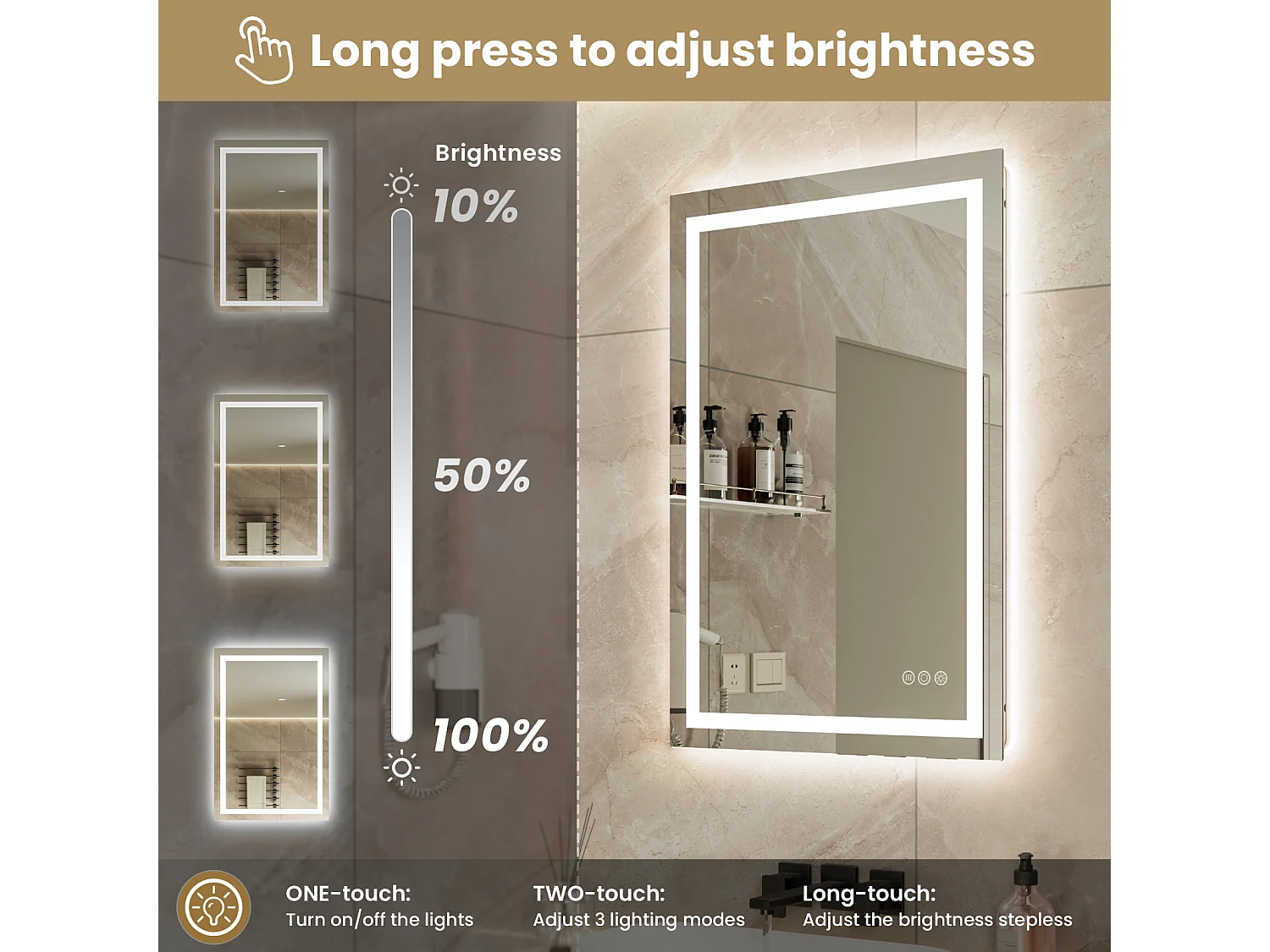 Espejo Iluminado LED Lupa + Tricolor + Antivaho 90x60cm Baño Regulable, Memoria, Táctil