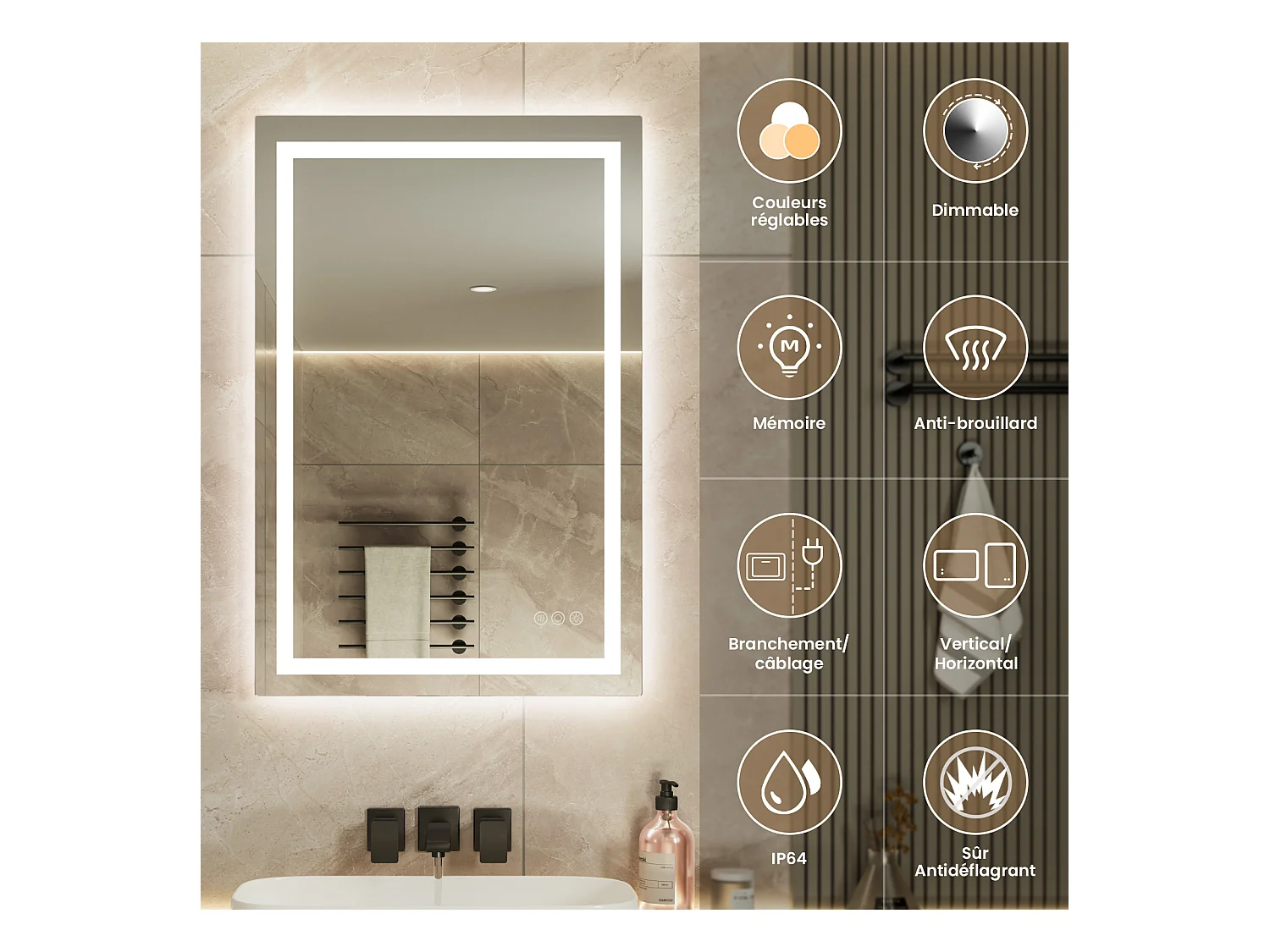 LED Miroir Lumineux Loupe+Tricolore + Anti-buée 90x60cm Salle de Bain Dimmable,Mémoire,Tactile