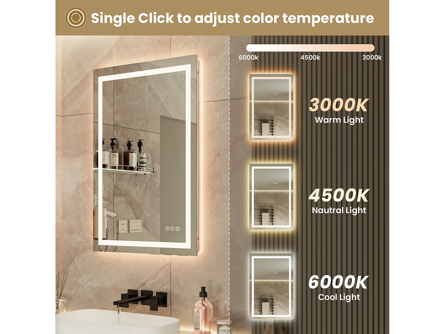 LED Miroir Lumineux Loupe+Tricolore + Anti-buée 90x60cm Salle de Bain Dimmable,Mémoire,Tactile