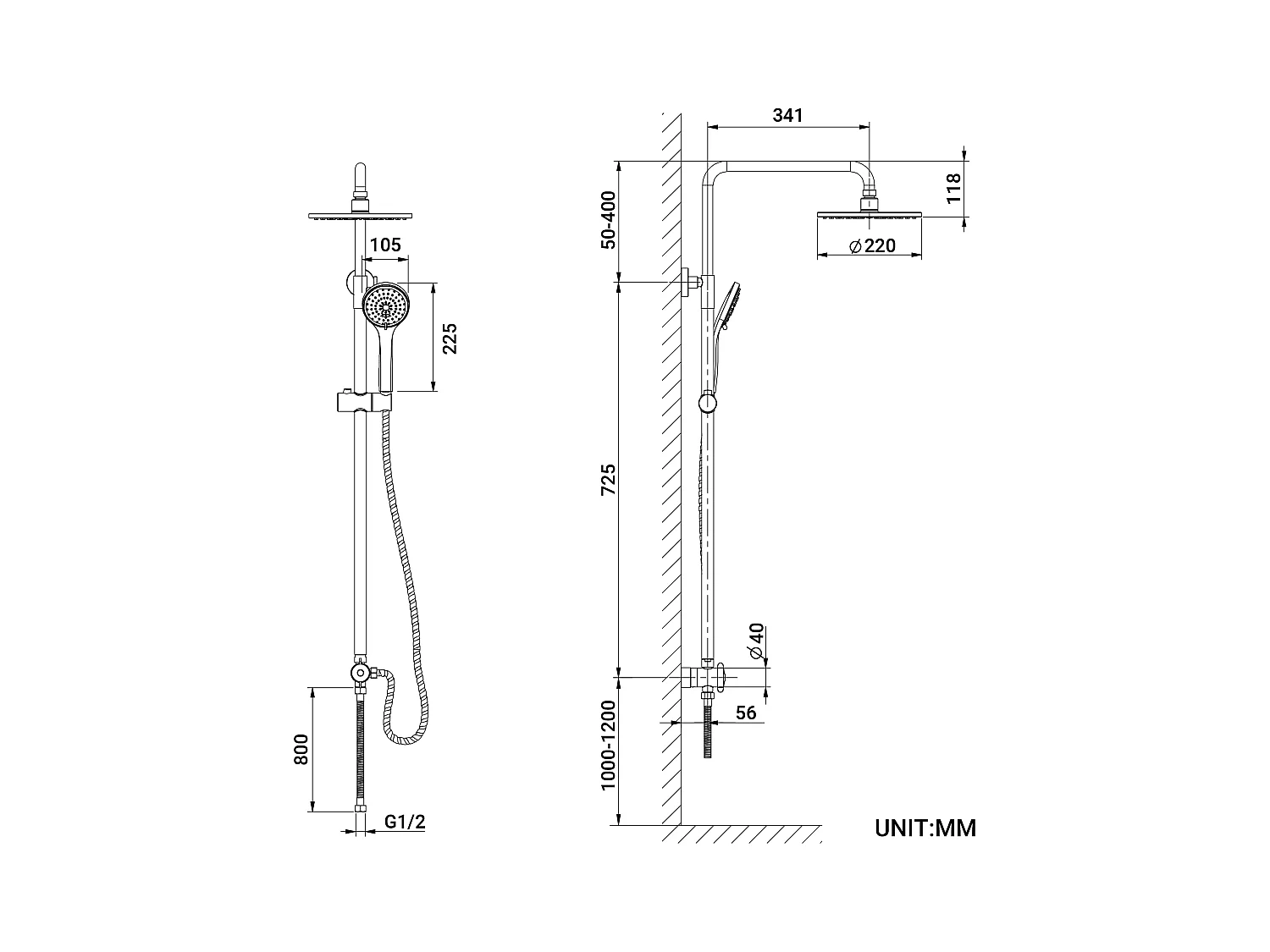 Colonna doccia Sistema doccia cromato senza rubinetteria, Set doccia con getto tondo e doccetta a 3 funzioni, Regolabile in altezza