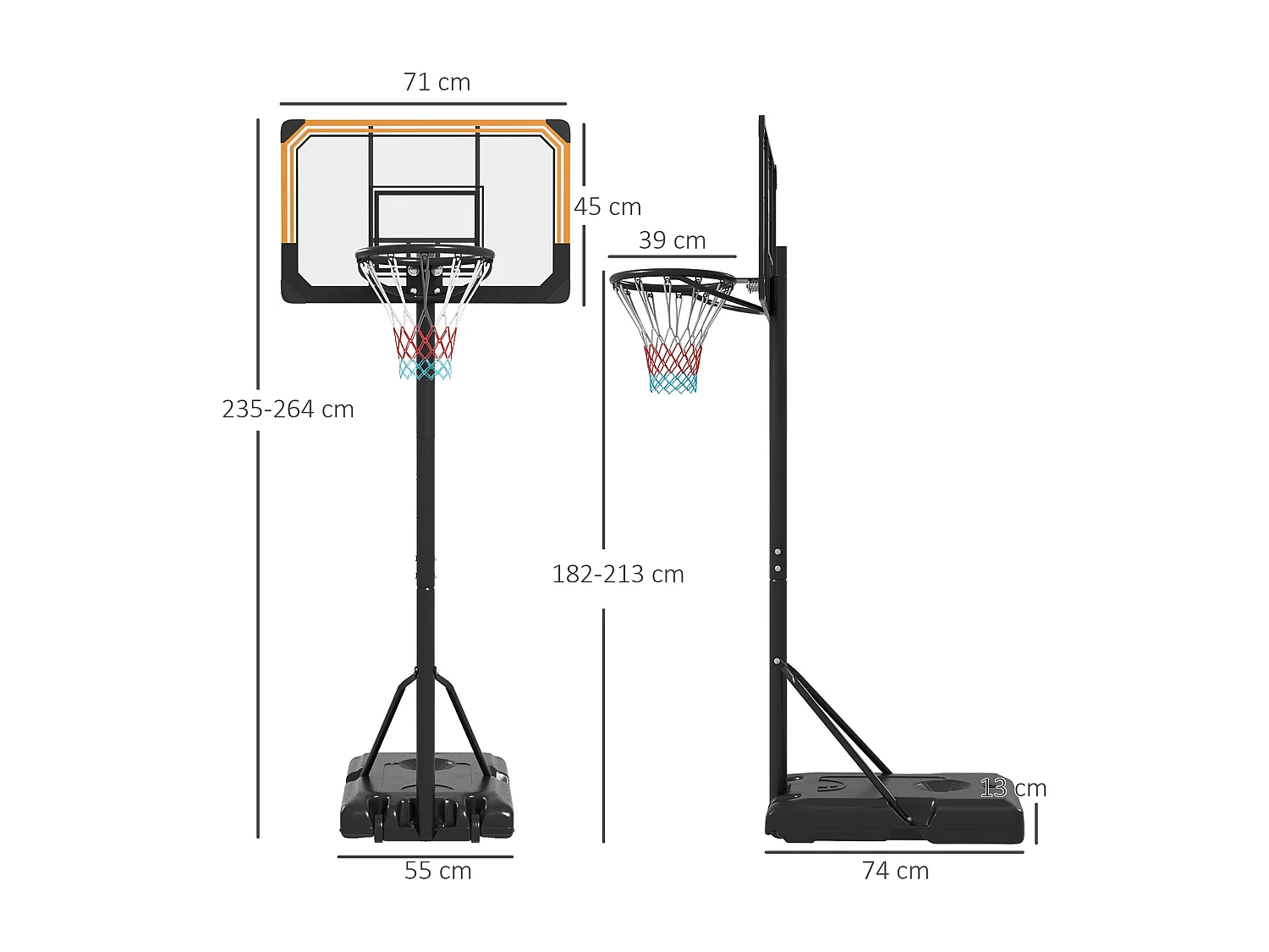 Panier de basketball sur pied roulettes - hauteur réglable arceau 182-213cm - acier polycarbonate orange noir