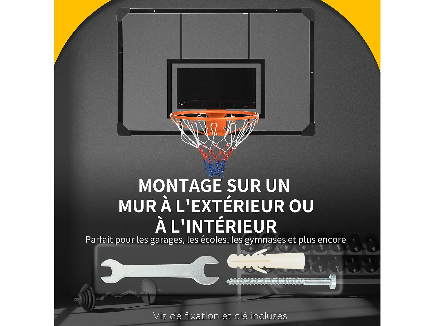 Panier de basketball mural - kit d'installation inclus - acier polycarbonate noir transparent