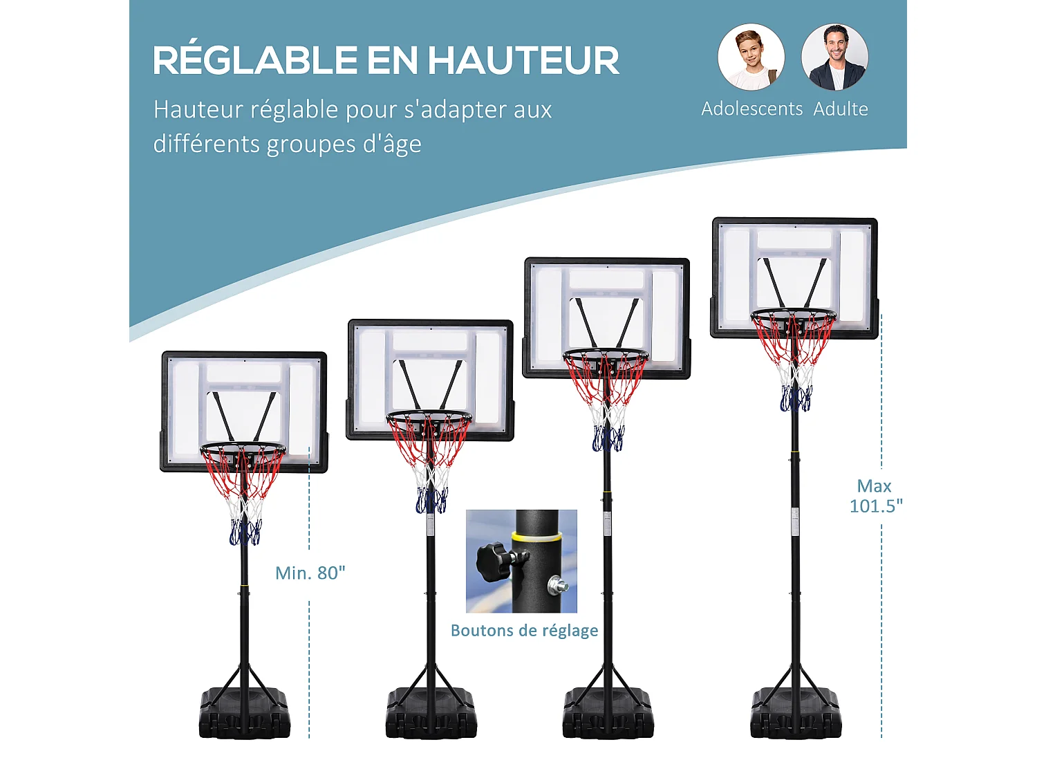Panier de basketball sur pied - H. réglable 203-258 cm - roulettes, base de lestage - noir