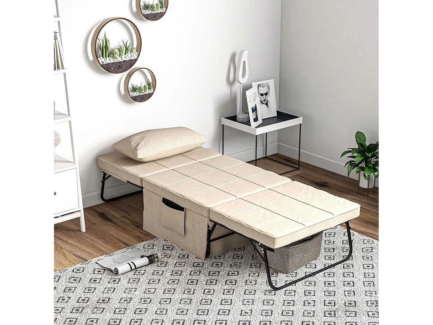 Fauteuil chauffeuse lit convertible chaise longue et pouf 4 en 1 avec dossier inclinable 5 positions 1 place - coussin et pochette rangement inclus - beige