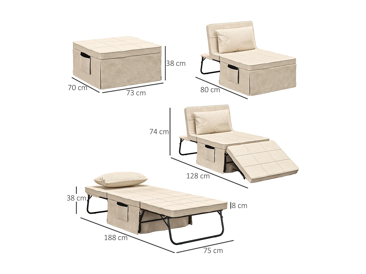 Fauteuil chauffeuse lit convertible chaise longue et pouf 4 en 1 avec dossier inclinable 5 positions 1 place - coussin et pochette rangement inclus - beige