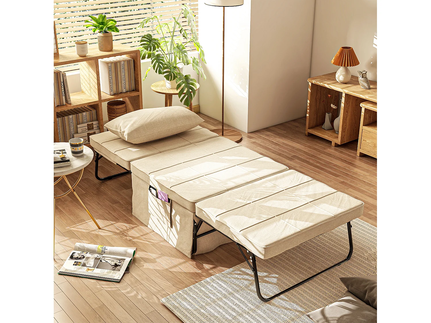 Fauteuil chauffeuse lit convertible chaise longue et pouf 4 en 1 avec dossier inclinable 5 positions 1 place - coussin et pochette rangement inclus - beige