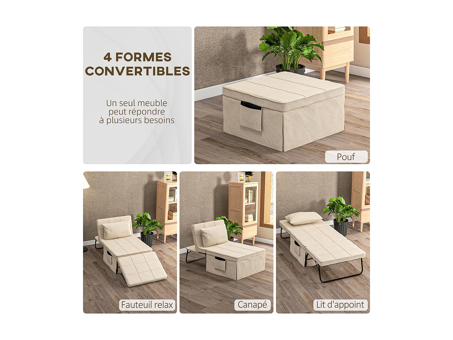 Fauteuil chauffeuse lit convertible chaise longue et pouf 4 en 1 avec dossier inclinable 5 positions 1 place - coussin et pochette rangement inclus - beige